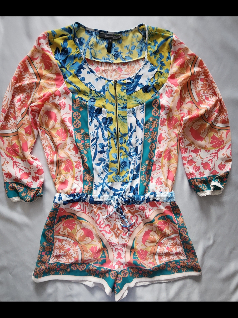 BCBGMAXAZRIA Silk-Feel Floral Mixed Patchwork Romper - Size S